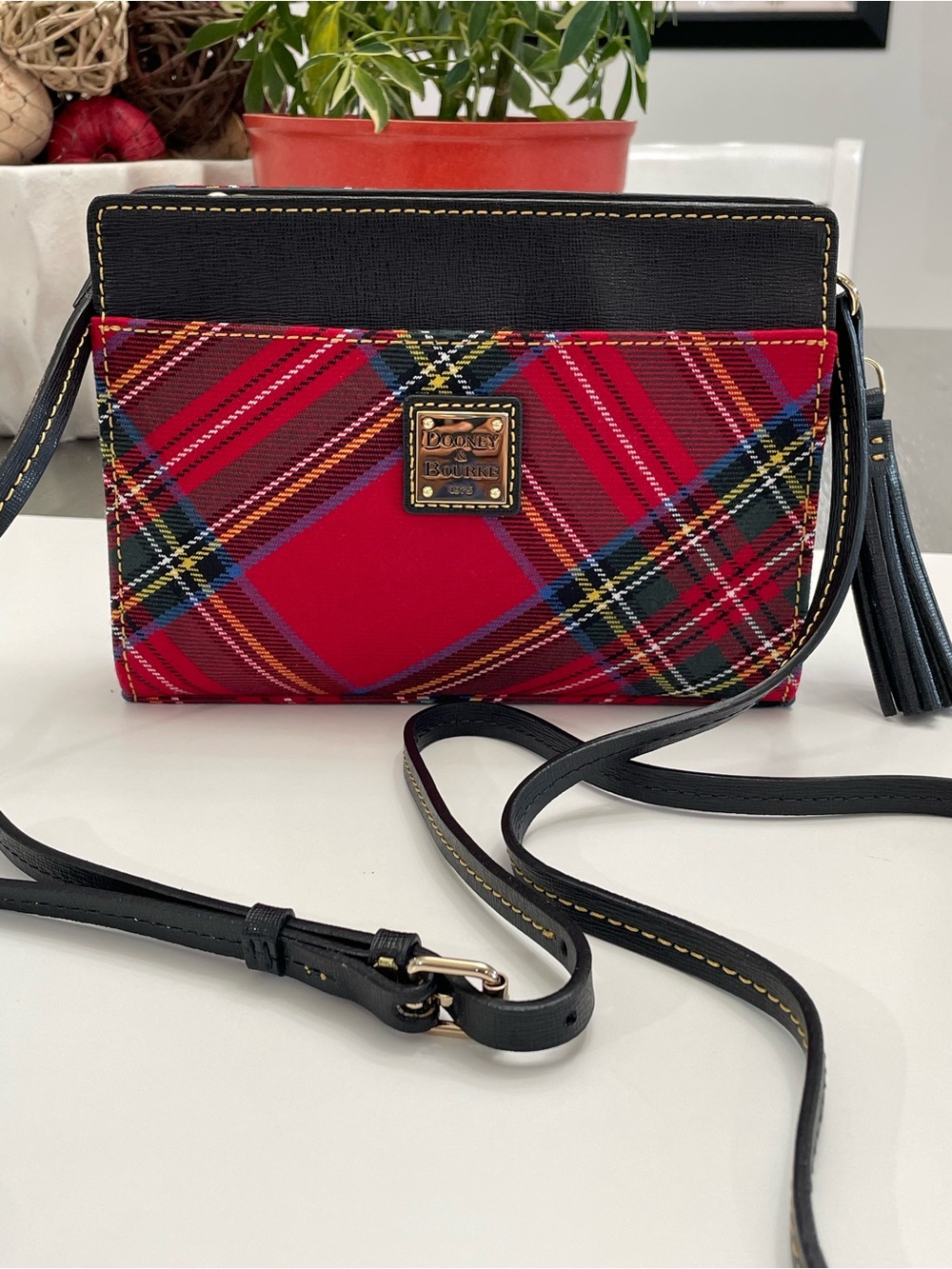 Dooney & Bourke Red Plaid Crossbody with Black Trim and Gold Logo